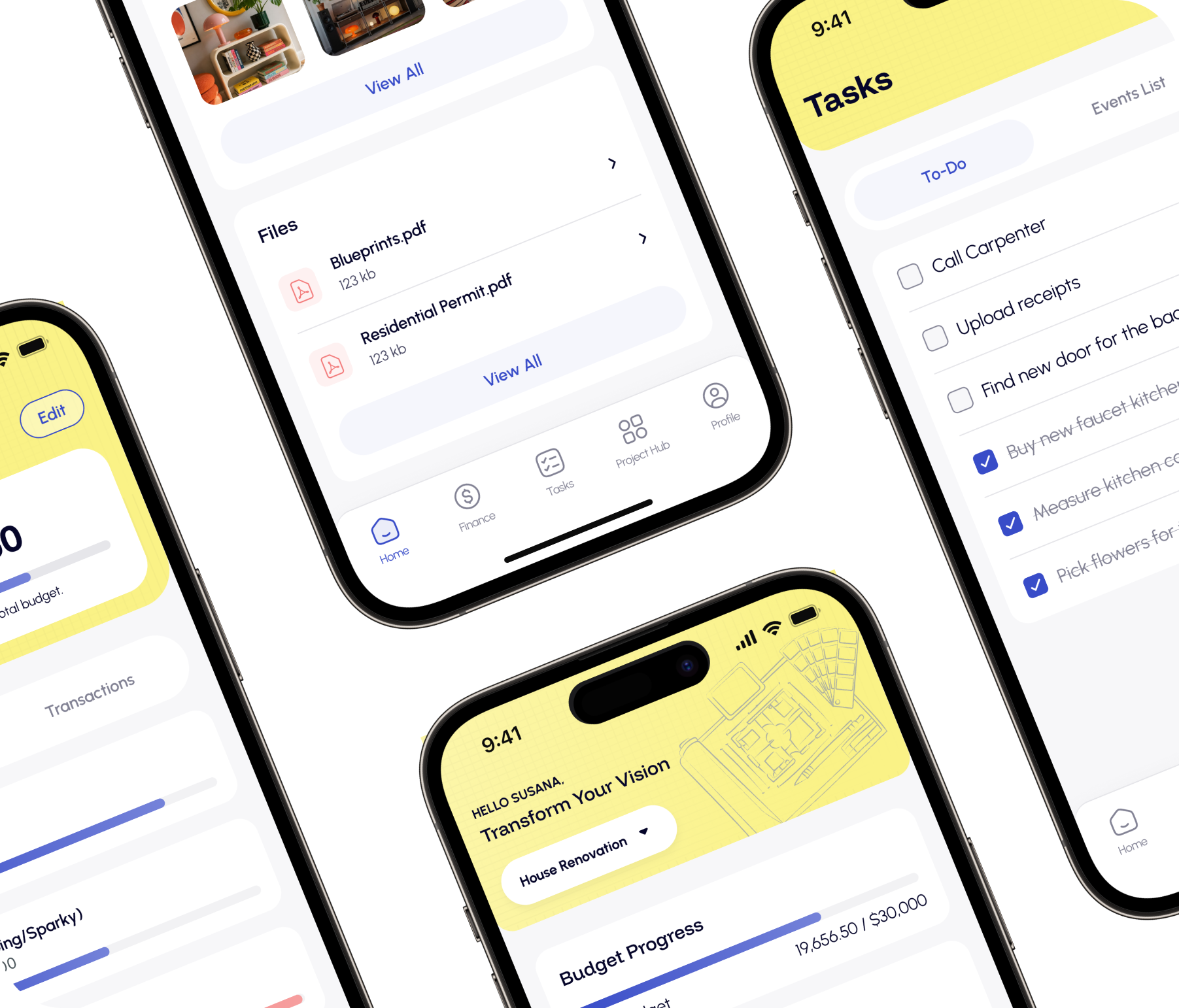 The Happy Reno app on a phone, showing project tasks, files and budget progress